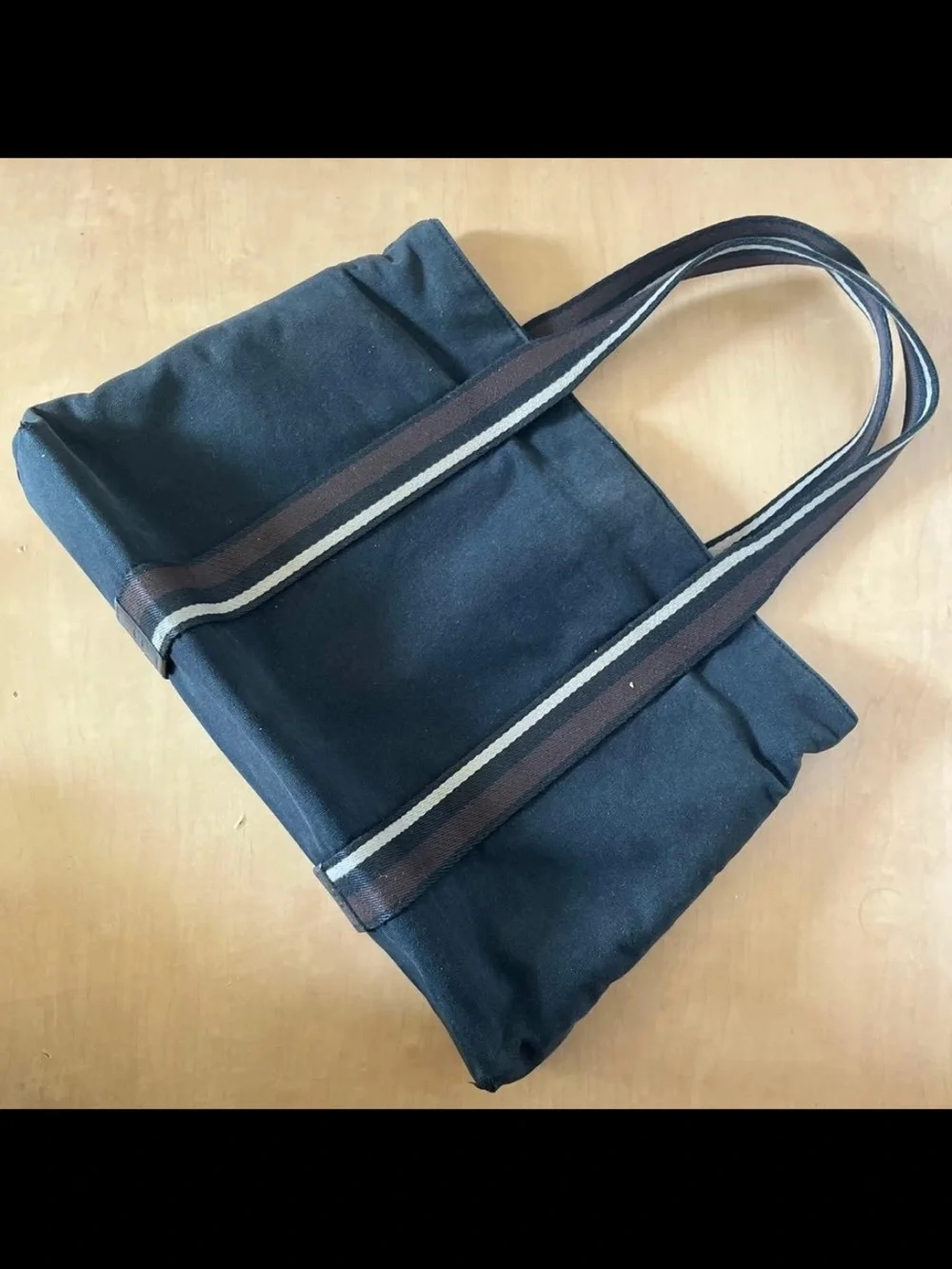 Hermes Black Canvas Tote with Brown and Gray Striped Straps